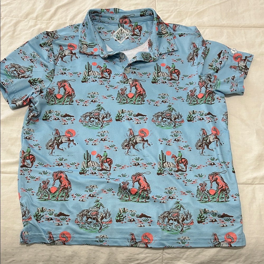 BURLEBO Light Blue Polo with Red and Green Western Horse Print